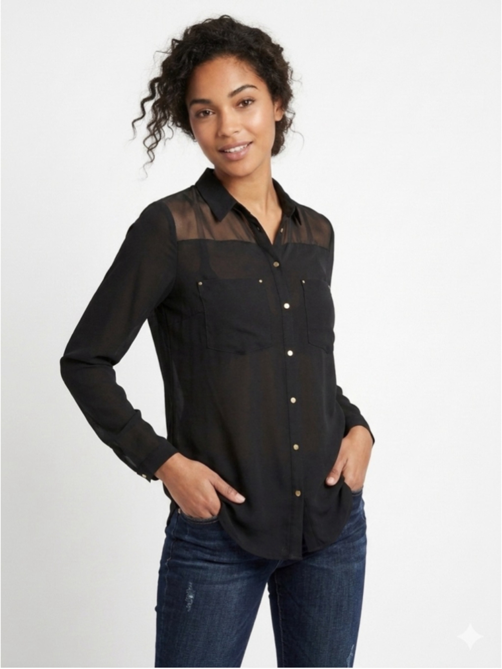 Women's H&M Black Button-Up Blouse Sheer Accent Yoke Gold Hardware Size 4 - 670